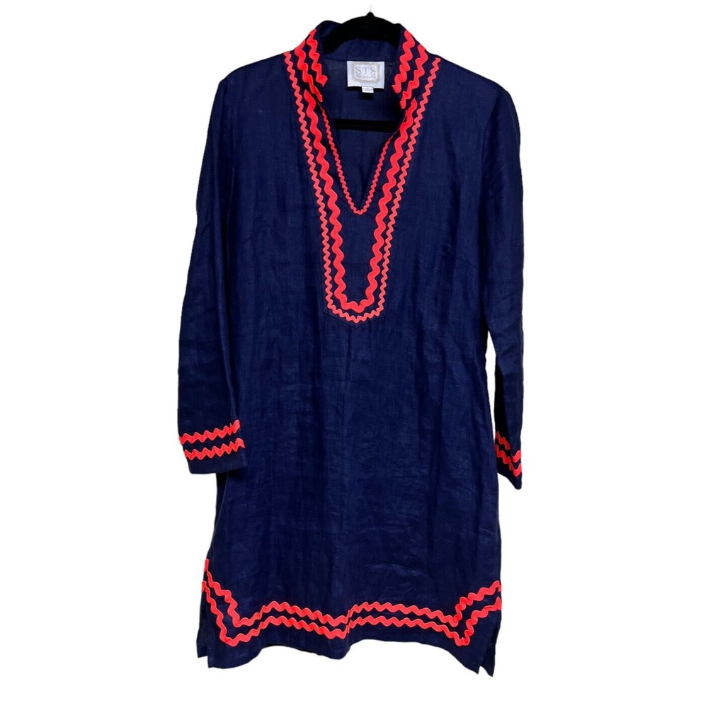 Sail to Sable Ric Rac Embroidered Linen Shift‎ Dress Navy Blue/Coral Size Medium